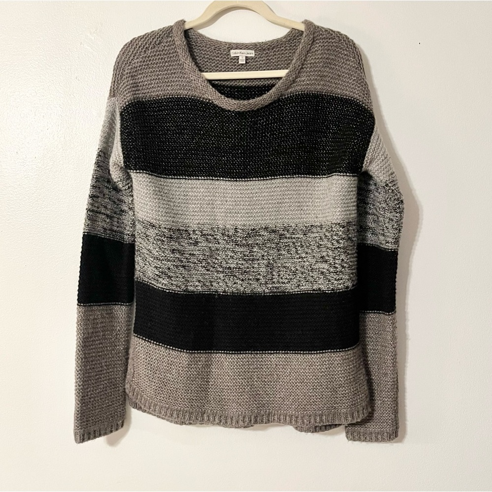 Calvin Klein Metallic Silver Charcoal Black Wool Blend Knit Sweater Women’s Sz S